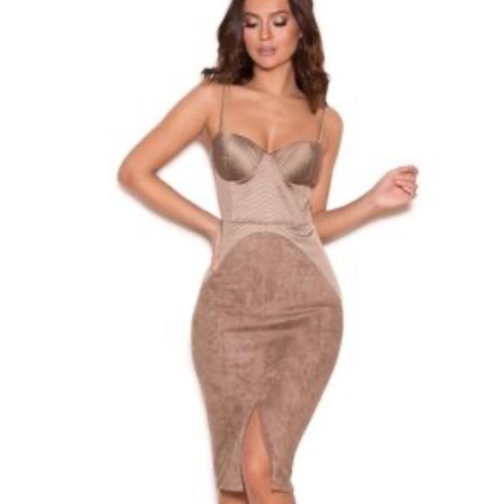 ✨SALE House of CB Satin Suede Bodycon Tan Dress XS